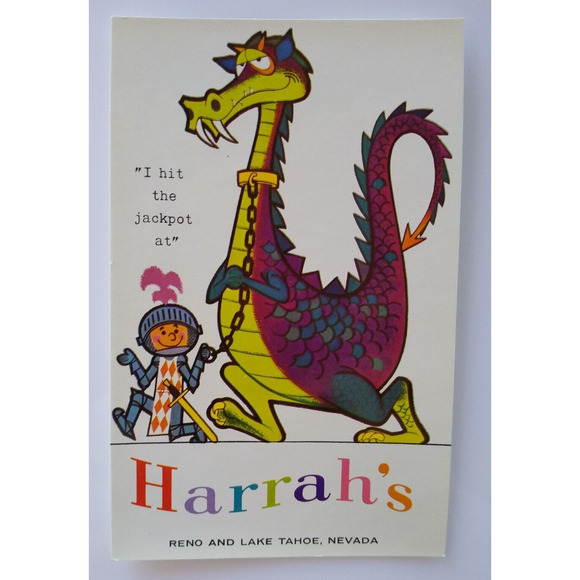 Harrah's Casino Postcard Jackpot Big Dragon Armor Knight Reno Lake Tahoe Nevada - Picture 1 of 2